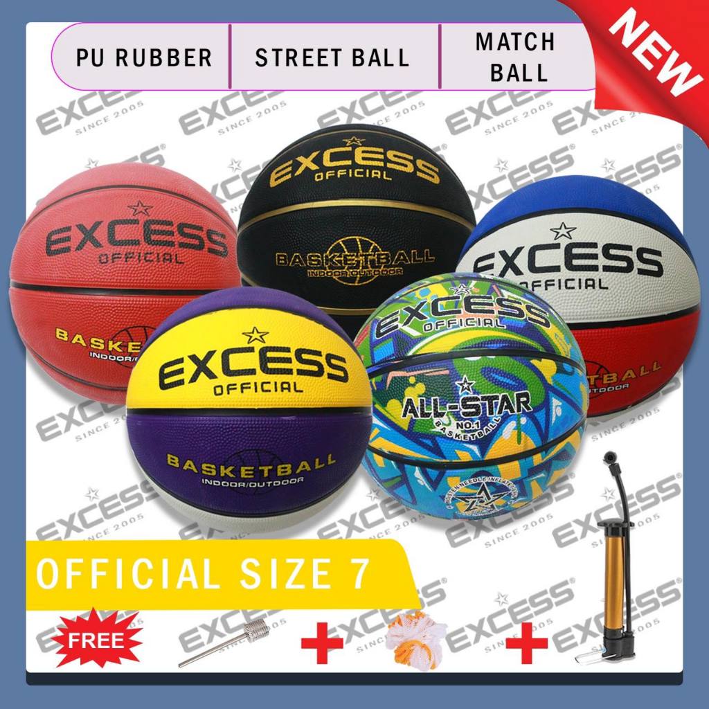 EXCESS RUBBER SIZE 7 BASKETBALL INDOOR/OUTDOOR WITH PIN NET AND PUMP