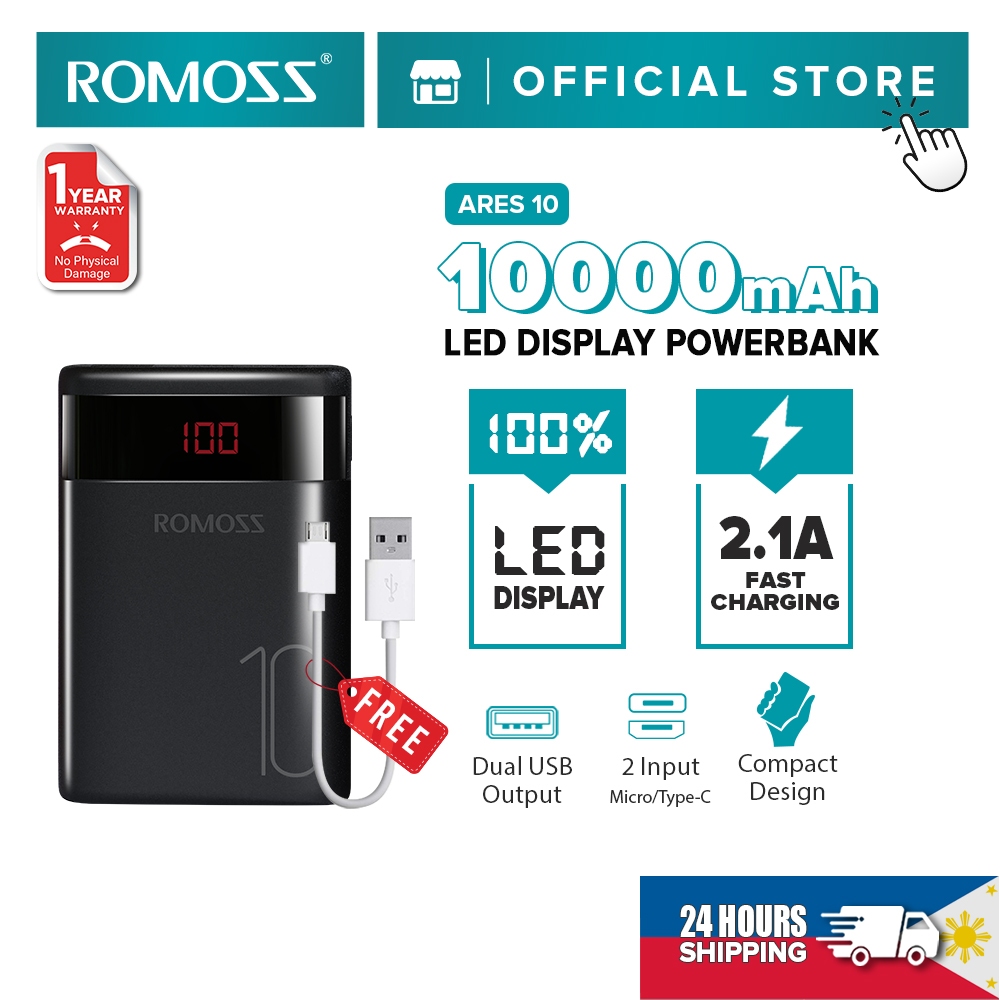 Romoss Ares 10 10000mAh 10.5W 2 Input Led Display Easy to Fit Powerbank ...