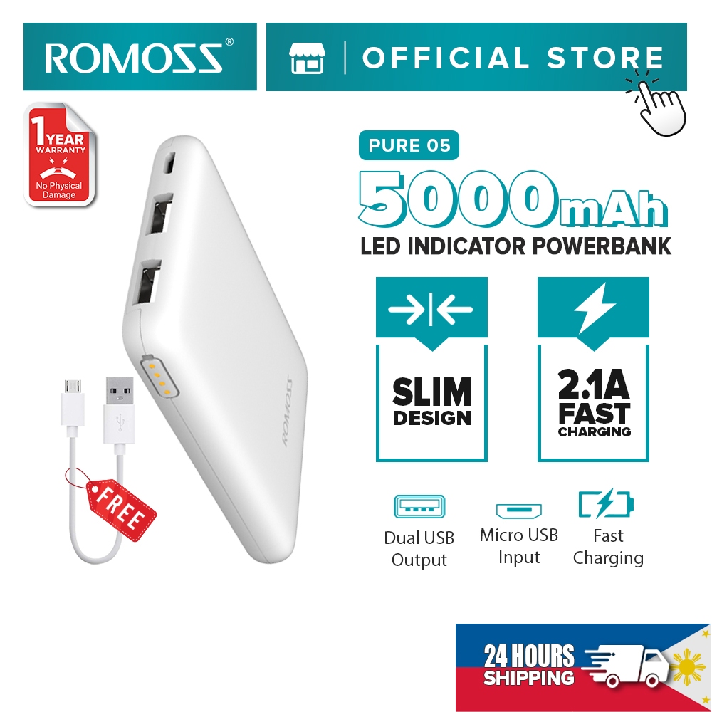 Romoss Pure 05 5000 Mah Mini Power Bank 21a Portable Charging Bank Shopee Philippines 5375