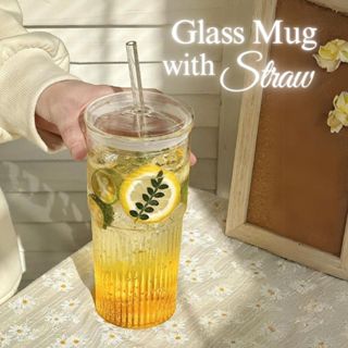 Iced Coffee GlassesStripe Glass Cup With Lid And Straw Transparent