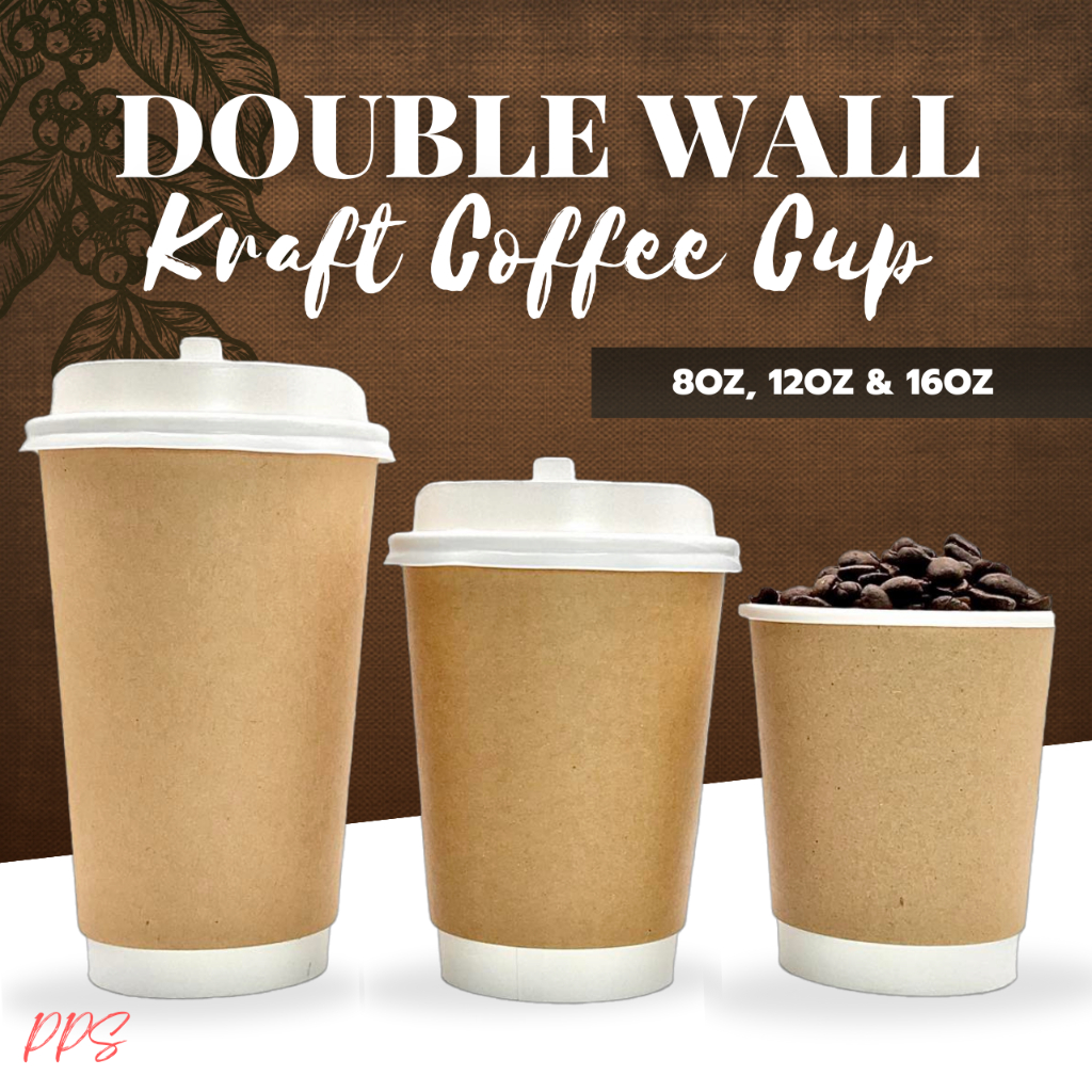 50pcs 8oz/12oz/16oz Double Wall Paper Cup Plain Kraft With White Flip ...