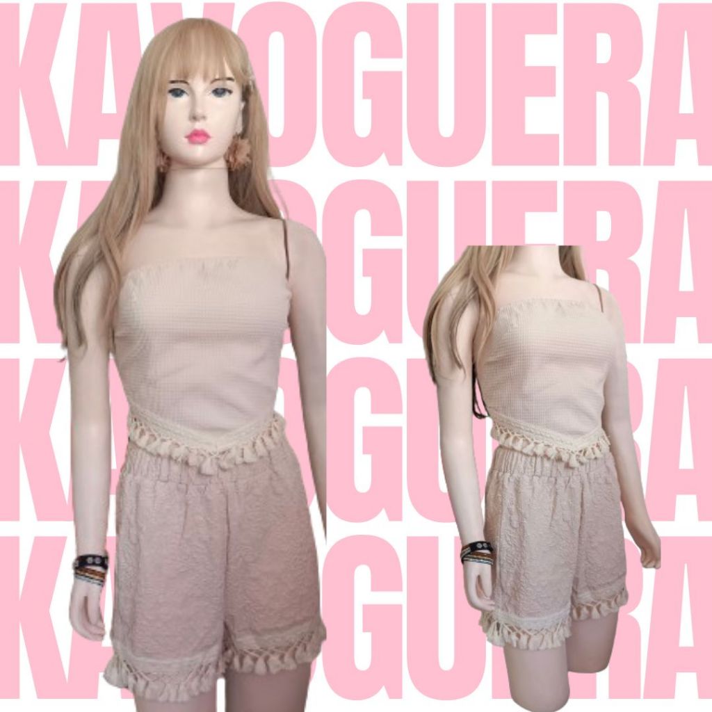 Beige Coachella Bohemian Beach Summer Crochet Coords Terno Tube Tassel