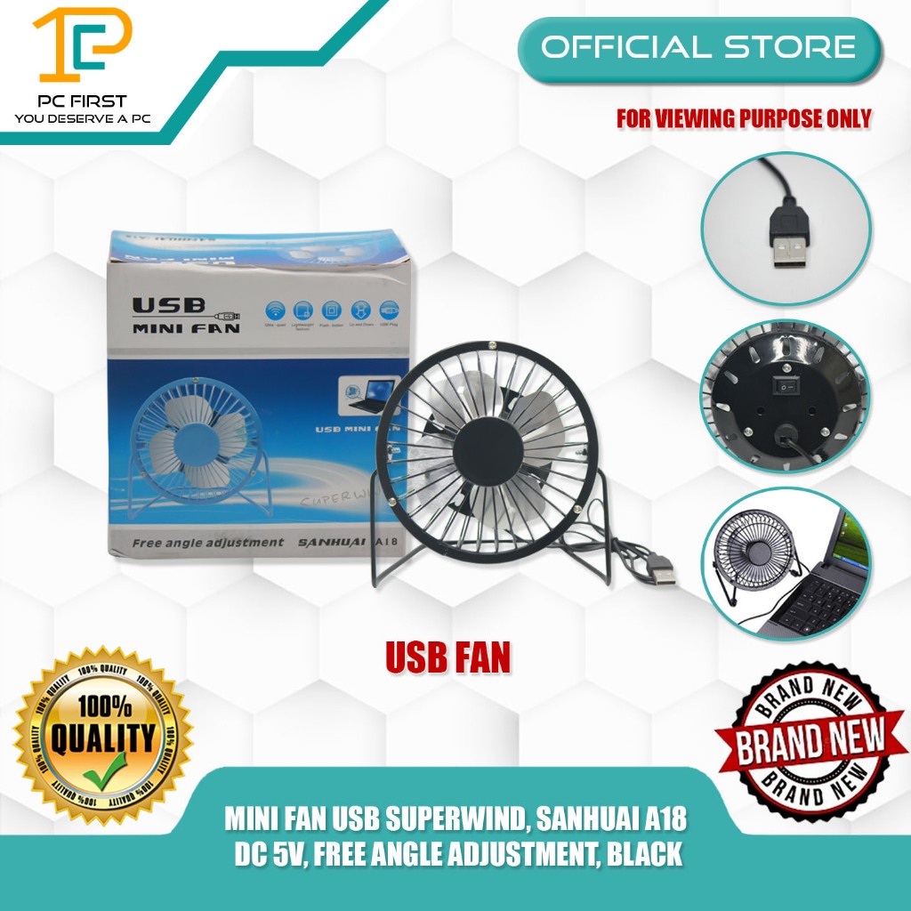 MINI FAN USB SUPERWIND, SANHUAI A18 DC 5V, FREE ANGLE ADJUSTMENT, BLACK ...