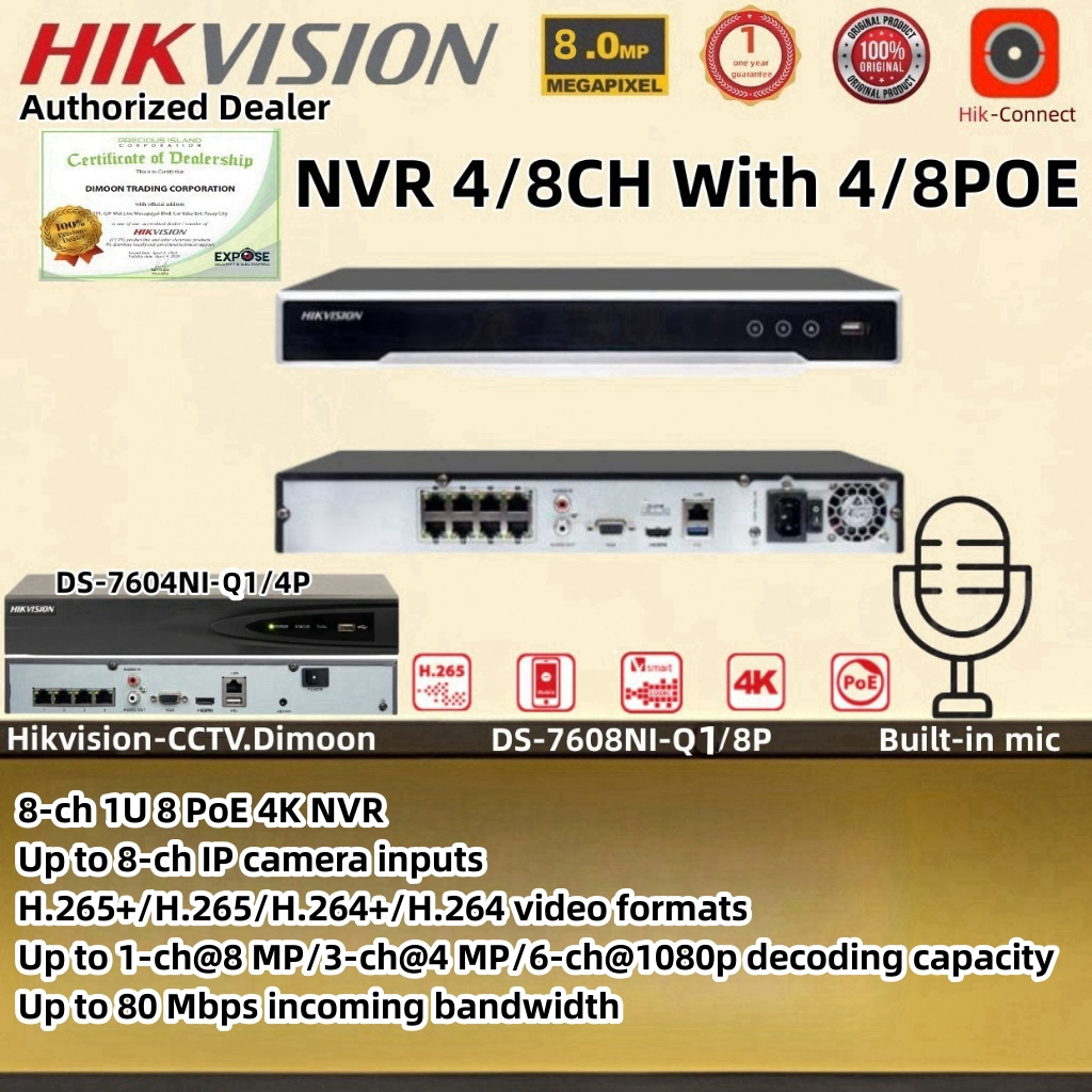 Hikvision 4CH /8CH 1080P CCTV NVR Face Detection H.265 Motion Detect