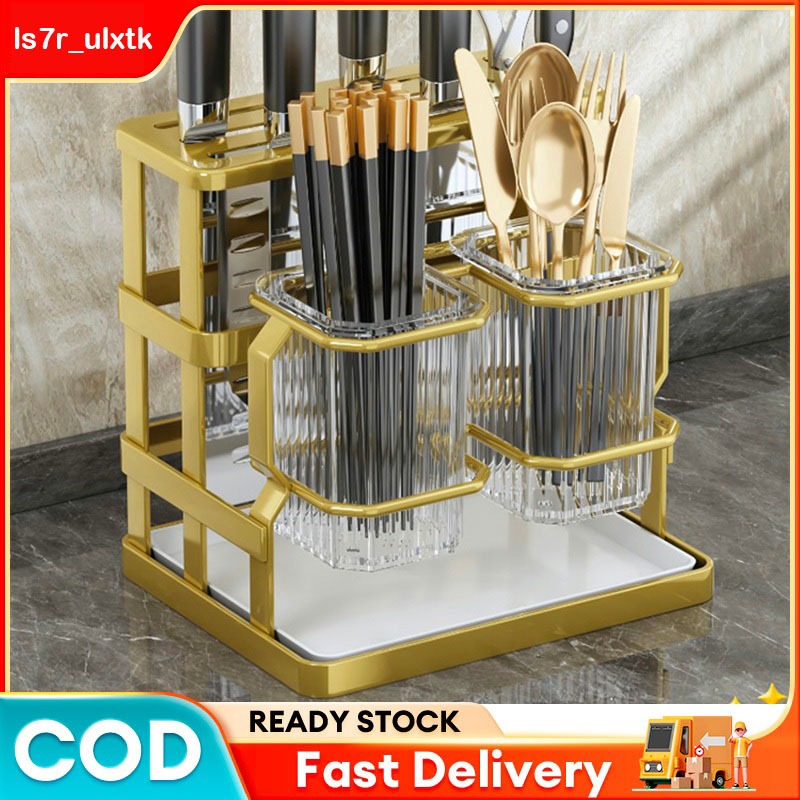 Steel Knife Rack with Draining Tray Household Kitchen Multi-Grid Knife ...