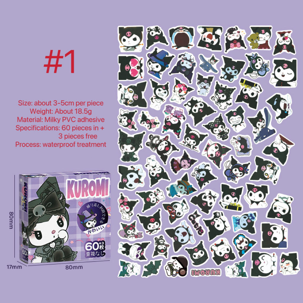 60pcs Box Sanrio Cute Cartoon Sticker Cute Kuromi Cinnamoroll