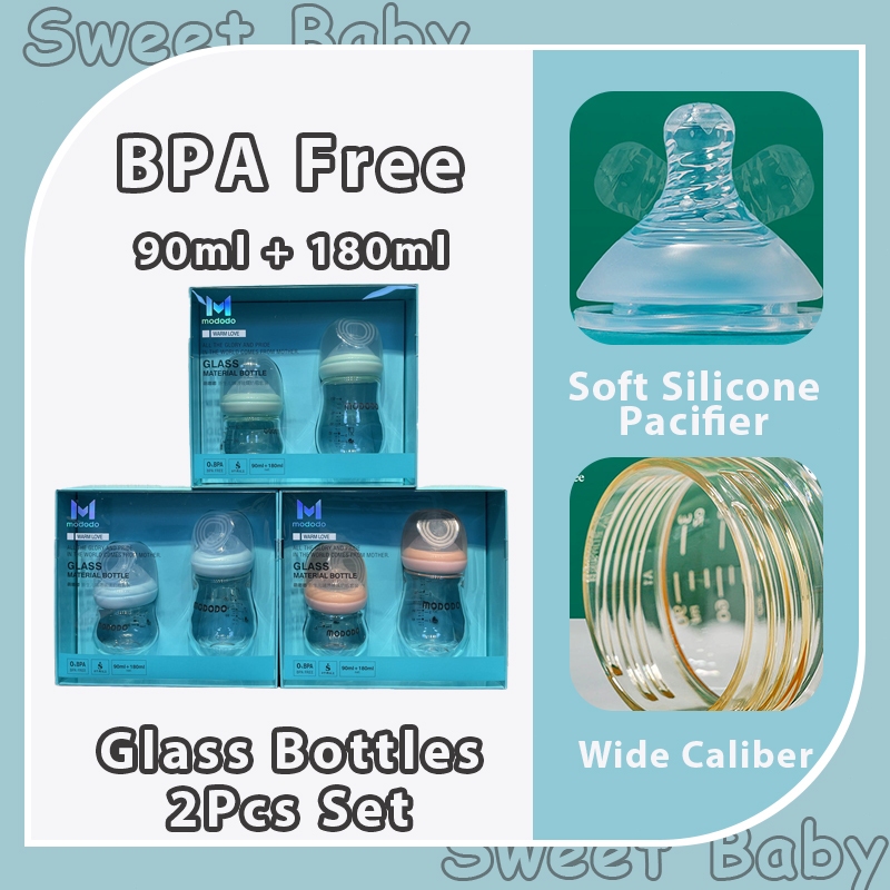 Babyhug GentleFlow Wide Neck Feeding Bottles Set of 2 - 120ml Each Blue|Heat-Resistant Borosilicate Glass| Anti-Colic Silicone Nipple|Leak-Proof|Microwave and Sterilizer Safe| BPA Free|Measuring Scale