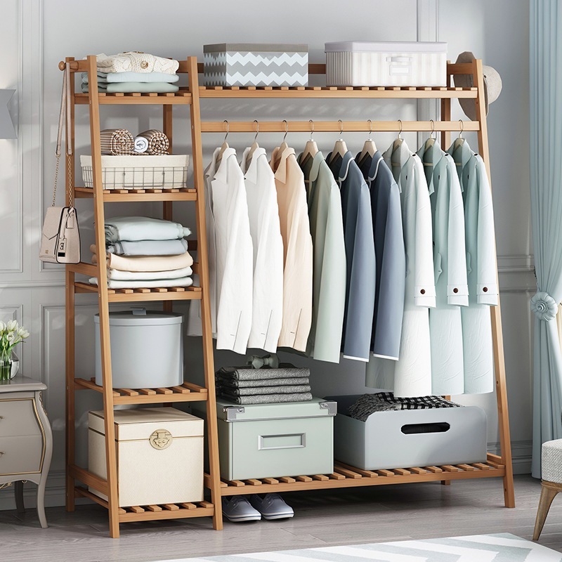 Bamboo Clothes Rack Organizer Hanging Rack Combination Coat Rack Stand