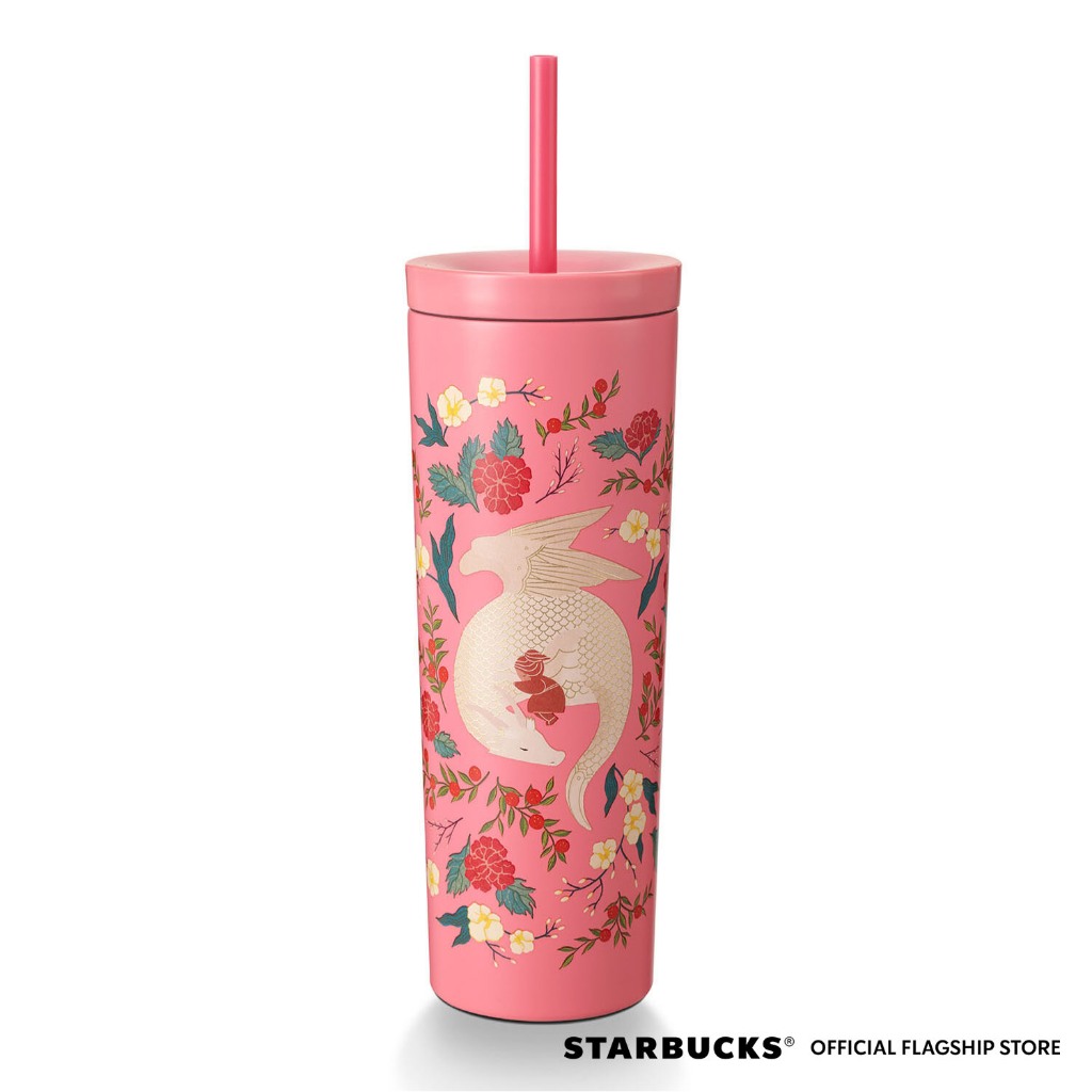 Starbucks Stainless Steel Tumbler 16Oz Dragon W/ Flower Patch