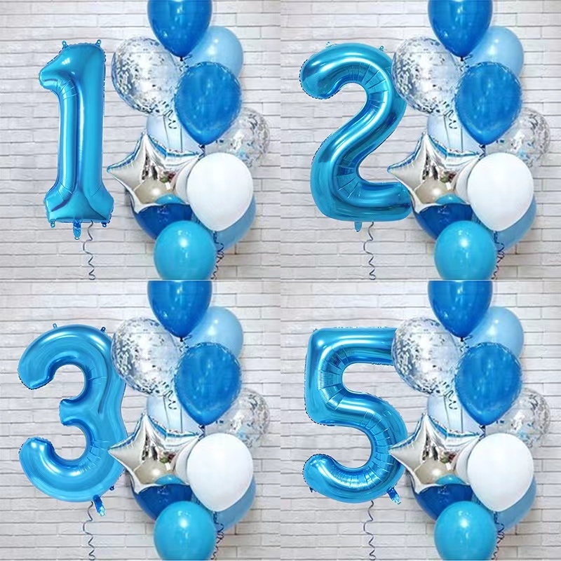 12Pcs/set Blue Number Foil Latex Balloons for 1st One Year Birthday Boy ...