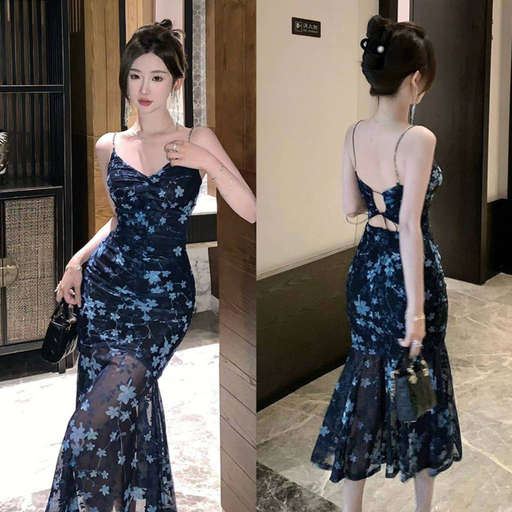 Summer elegant dress sexy french blue Fishtail long dress for women ...