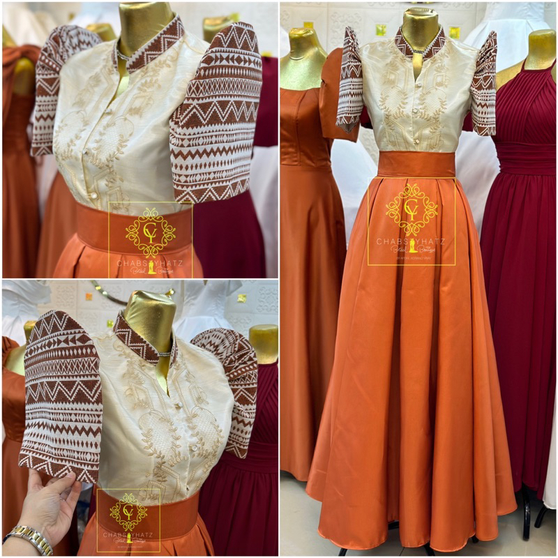 Modern Filipiniana Rust orange Ethnic sleeves Top and skirt Shopee Philippines