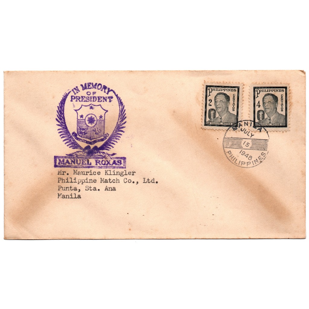 1948 First Day Issued Stamps Cachet President Manuel A. Roxas (Mourning ...