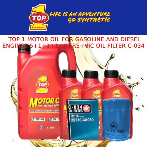 TOP 1 MOTOR OIL FOR GASOLINE AND DIESEL ENGINES 15W40 8 LITERS+VIC OIL FILTER C034 Shopee