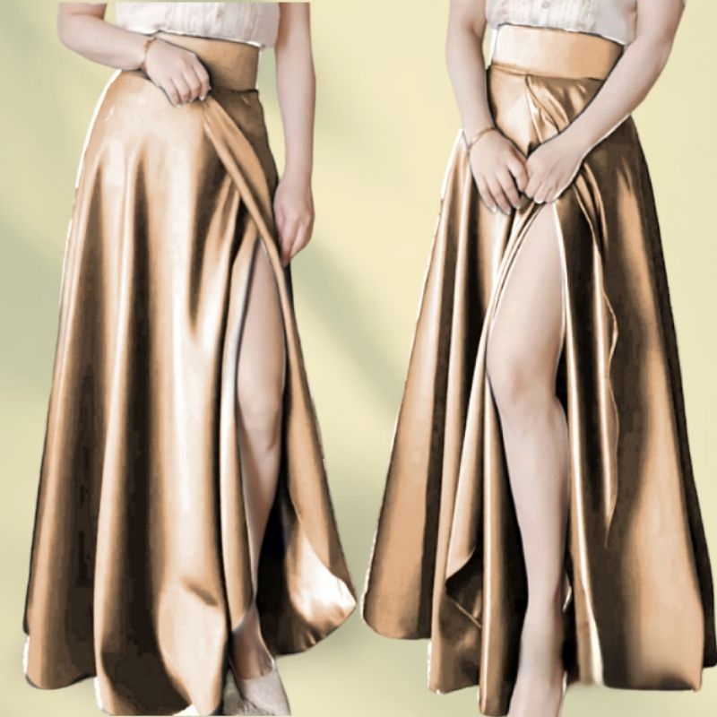skirt Long highwaist overlap slit / lenght 42inches satin slik | Shopee ...