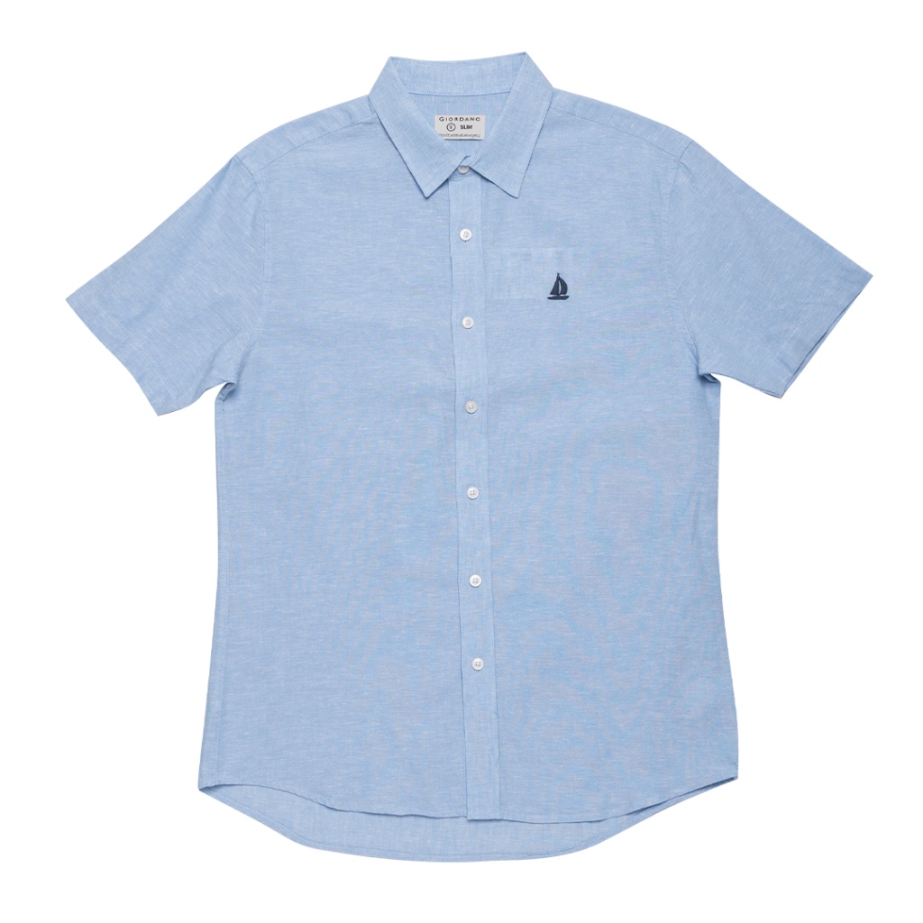 Giordano Men's Cotton Linen Short Sleeves Embroidered Shirt (01044207 ...