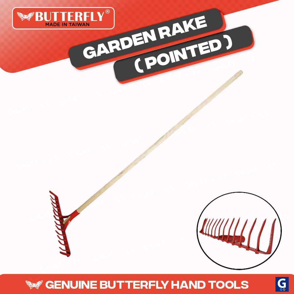 Butterfly Pointed / Flat Garden Rake with Wood Handle (14Teeth) (Made ...