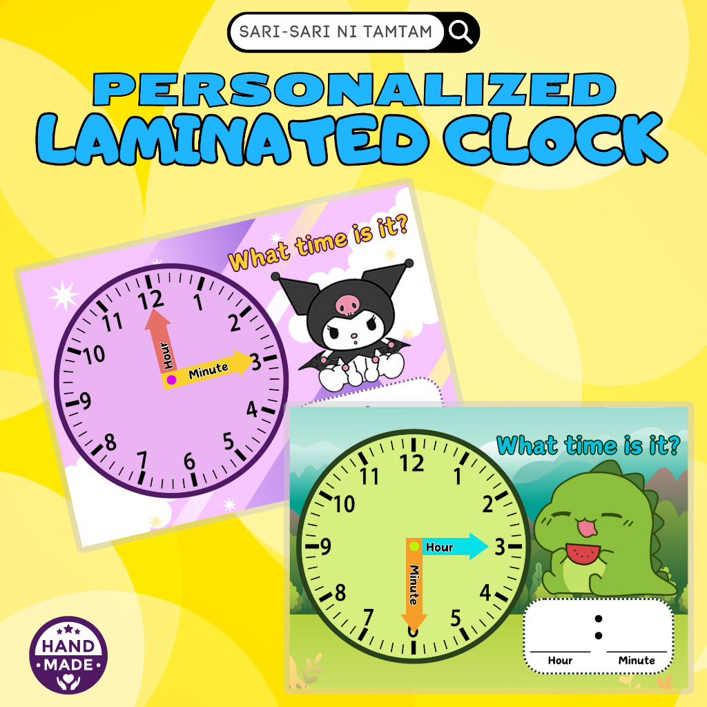Personalized laminated clock telling time interactive clock for
