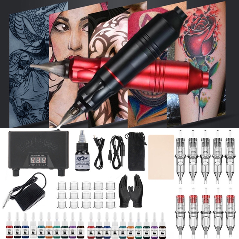 Professional Tattoo Machine Set Cartridge Needles LED Power Supply ...