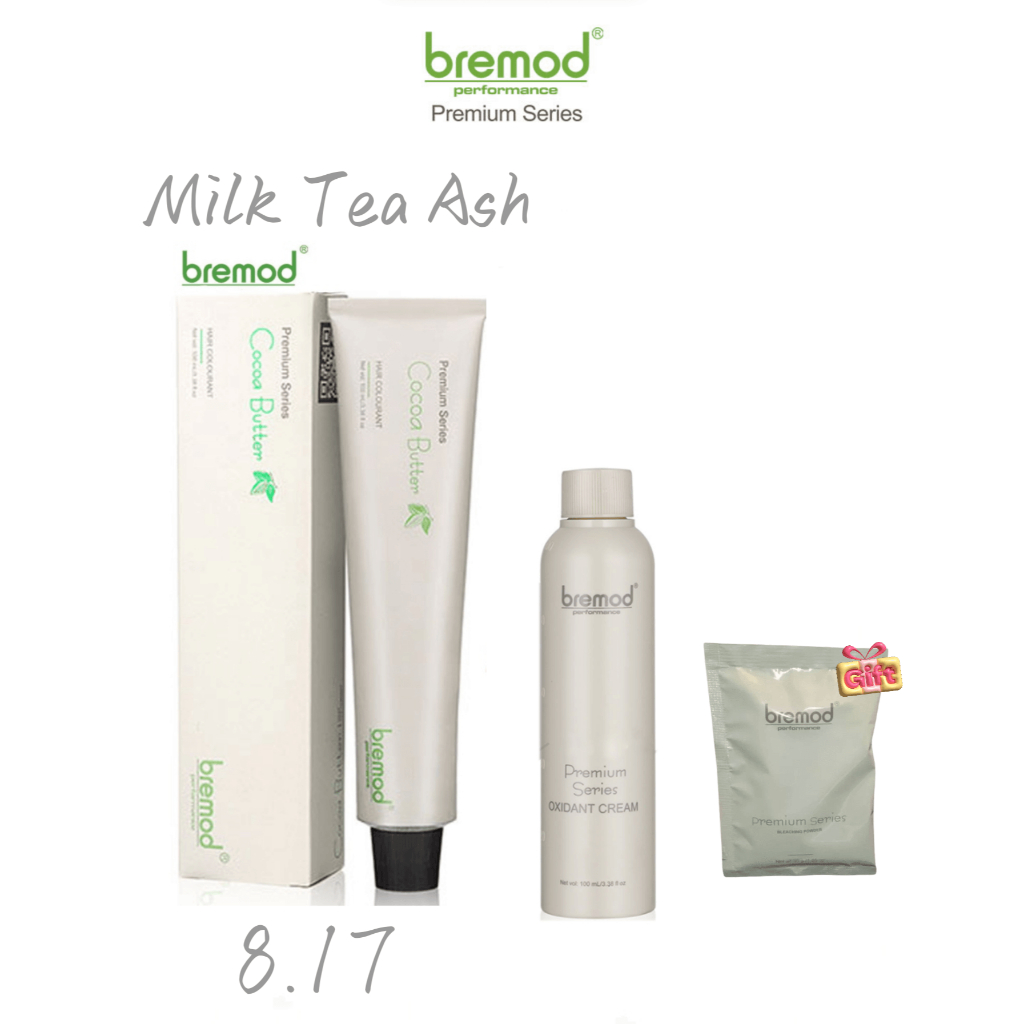 Bremod Premium Hair Color Hair Dye 8/17 Milk Tea Ash 100ml & Oxidizer 100ml & Bleaching Powder