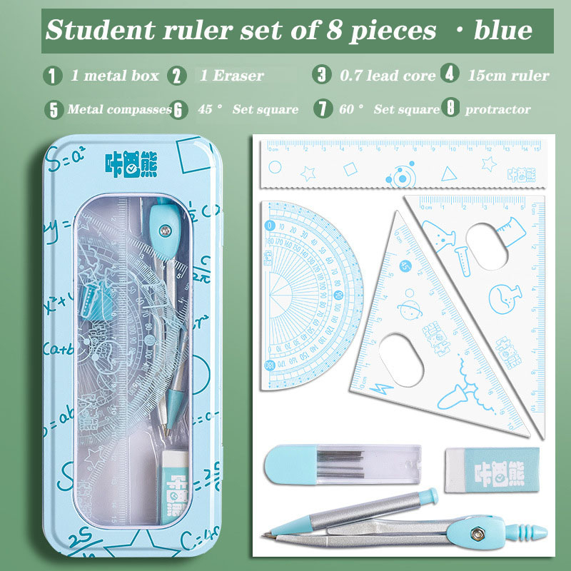8Pcs Ruler Set Geometry Compasses/Metal Box/Triangle Ruler/Protractor ...