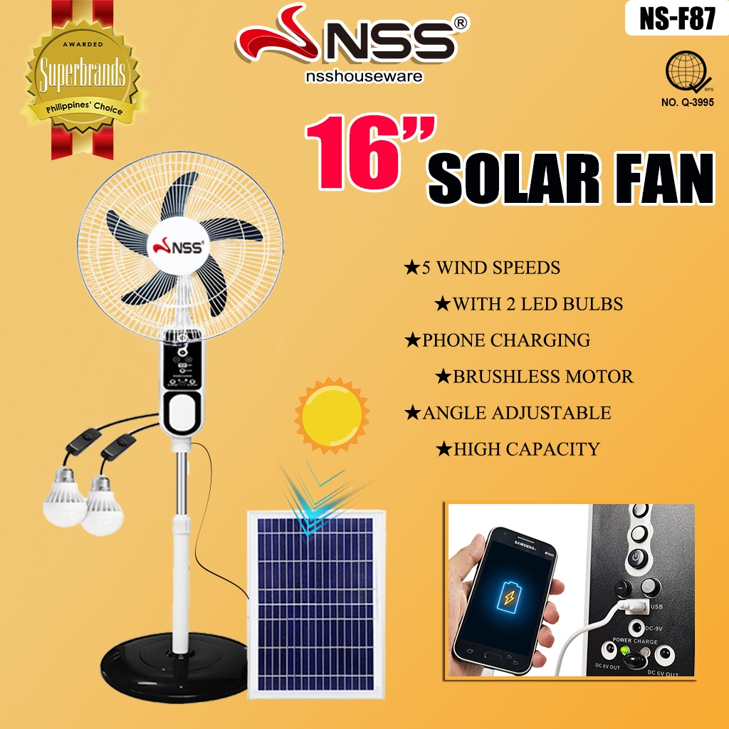 Nss Solar Fan With Panel Solar Electric Fan With Light Rechargeabl Ac Dc Dual Power Electric