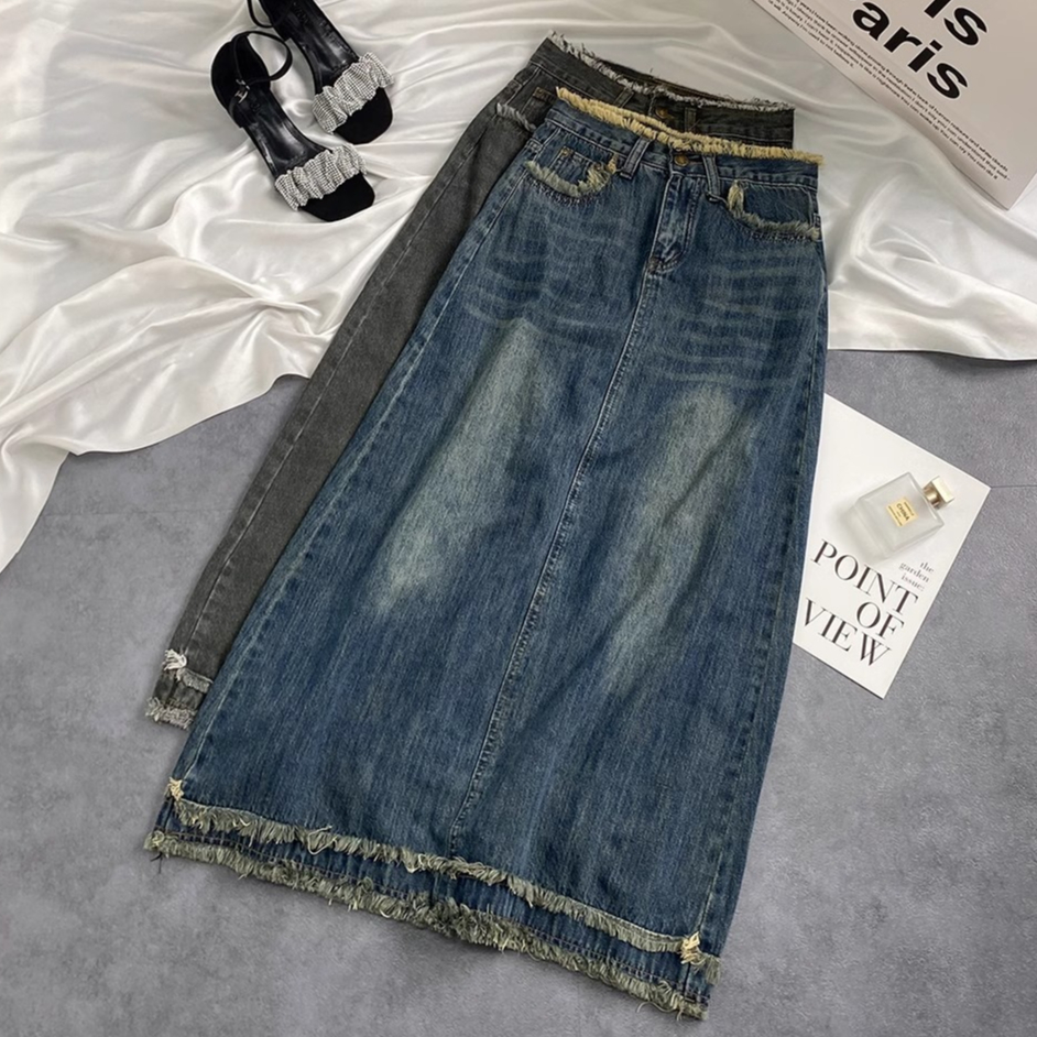 XS-5XL~Long Skirt with slit Ladies Denim Fashion Korean Denim