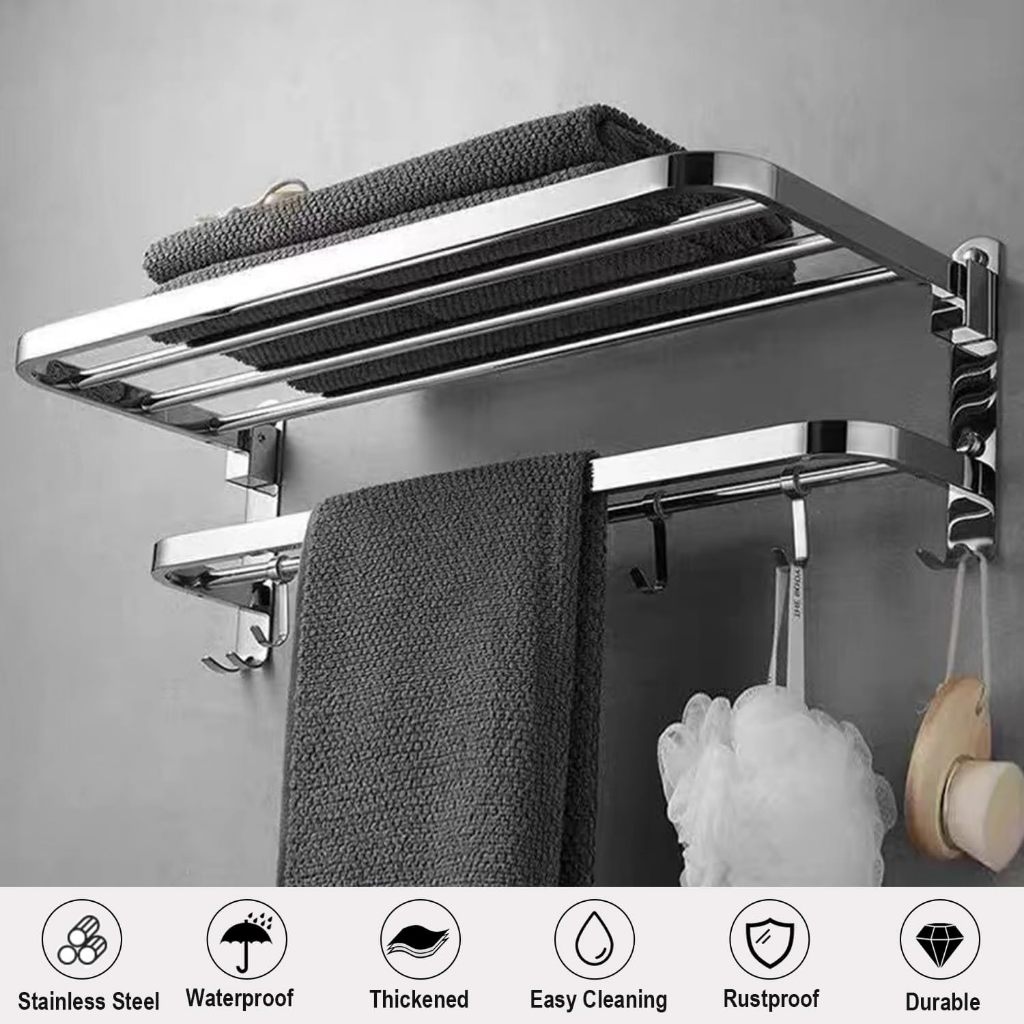 Towel Rack Foldable Wall Mounted Towel Shelf Towel Bar Towel Holder for  Bathroom Stainless Steel