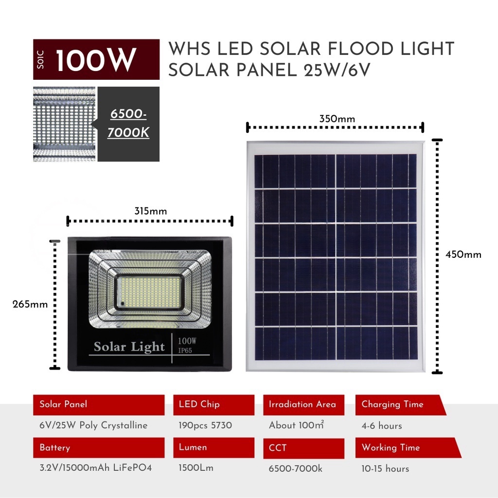 WHS 3 Year Warranty 100W Heavy Duty Outdoor LED Solar Flood Light IP65 ...