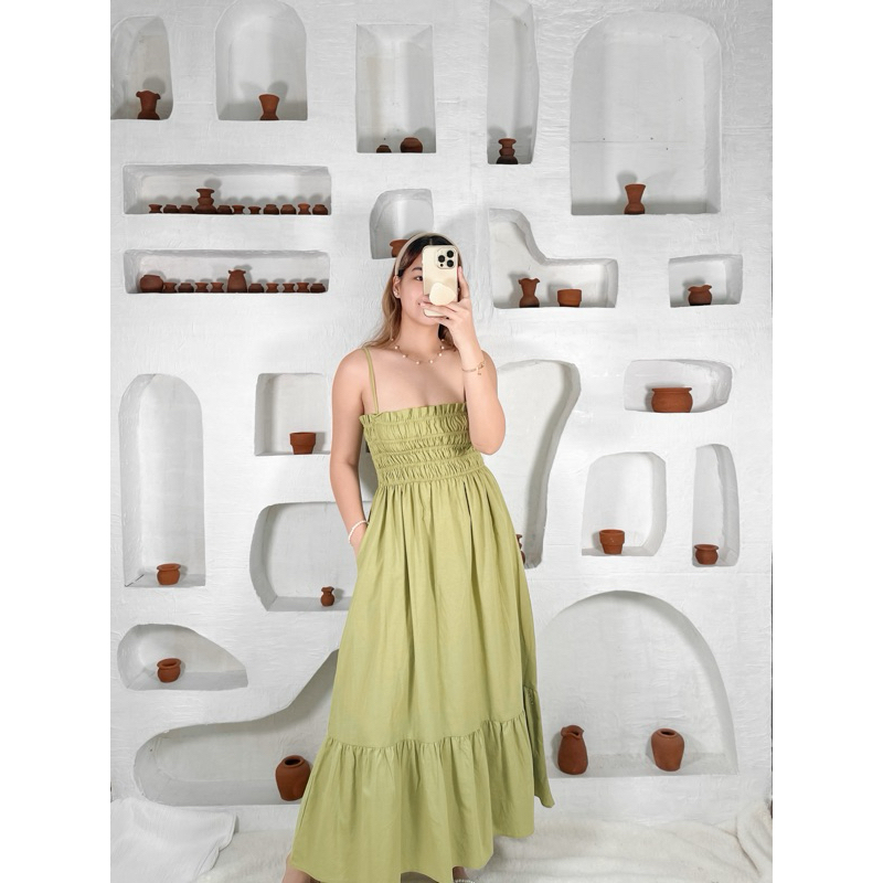 Percy Linen Shirred Maxi Dress w/ Pocket by Basic Manila (C0tt*n 0n  Inspired) | Shopee Philippines