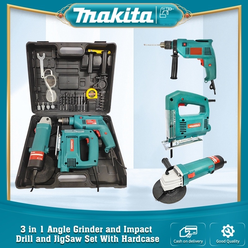 Makita 3 in 1 Angle Grinder and Impact Drill and JigSaw Set With