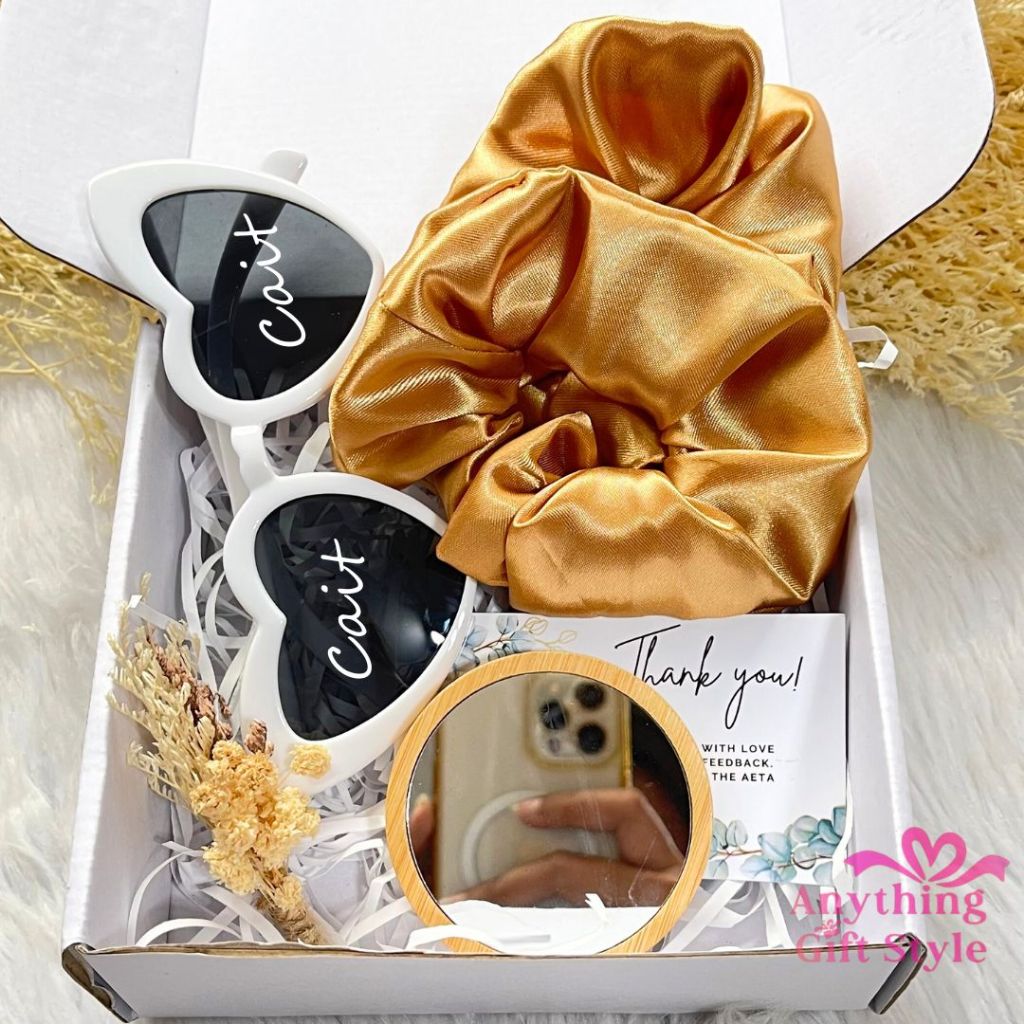 Personalized Gift Box Set Heart Sunglass, Scrunchies, Round Mirror ...