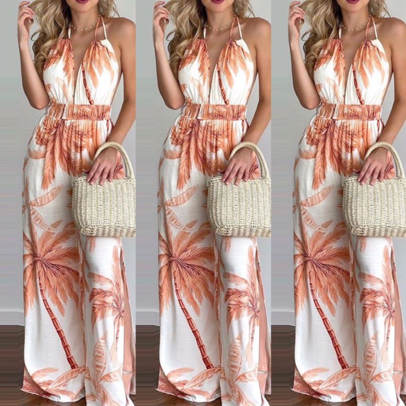 LZ.Shop Womens Sexy Floral Romper Jumpsuit Halter Deep V Neck Backless Wide Leg Jumpsuit Overalls Shopee Philippines