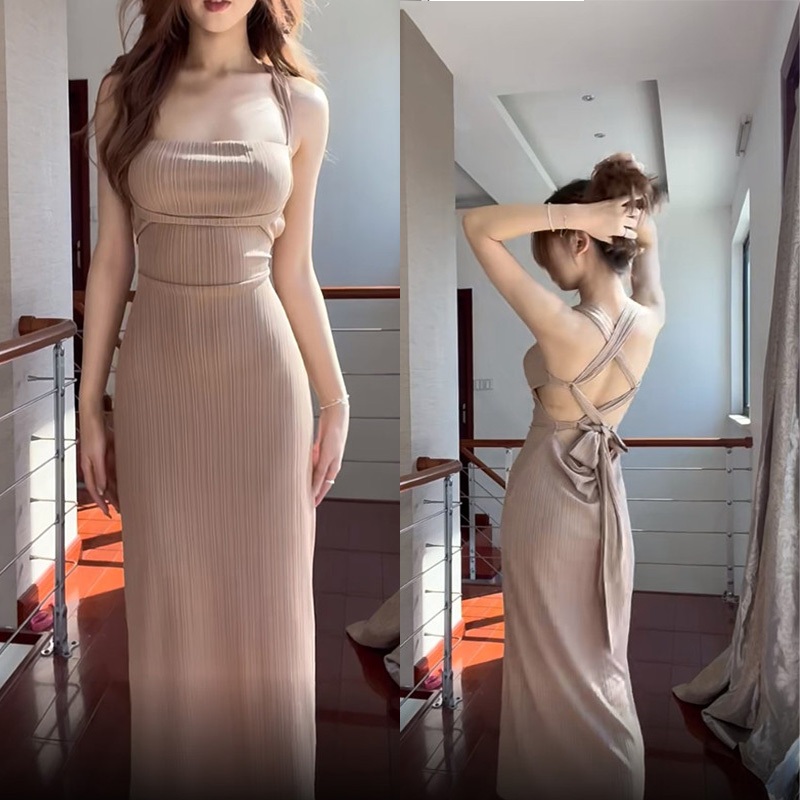 korean long beige backless dress plus size bodycon formal dress elegant  trendy debut dress casual | Shopee Philippines