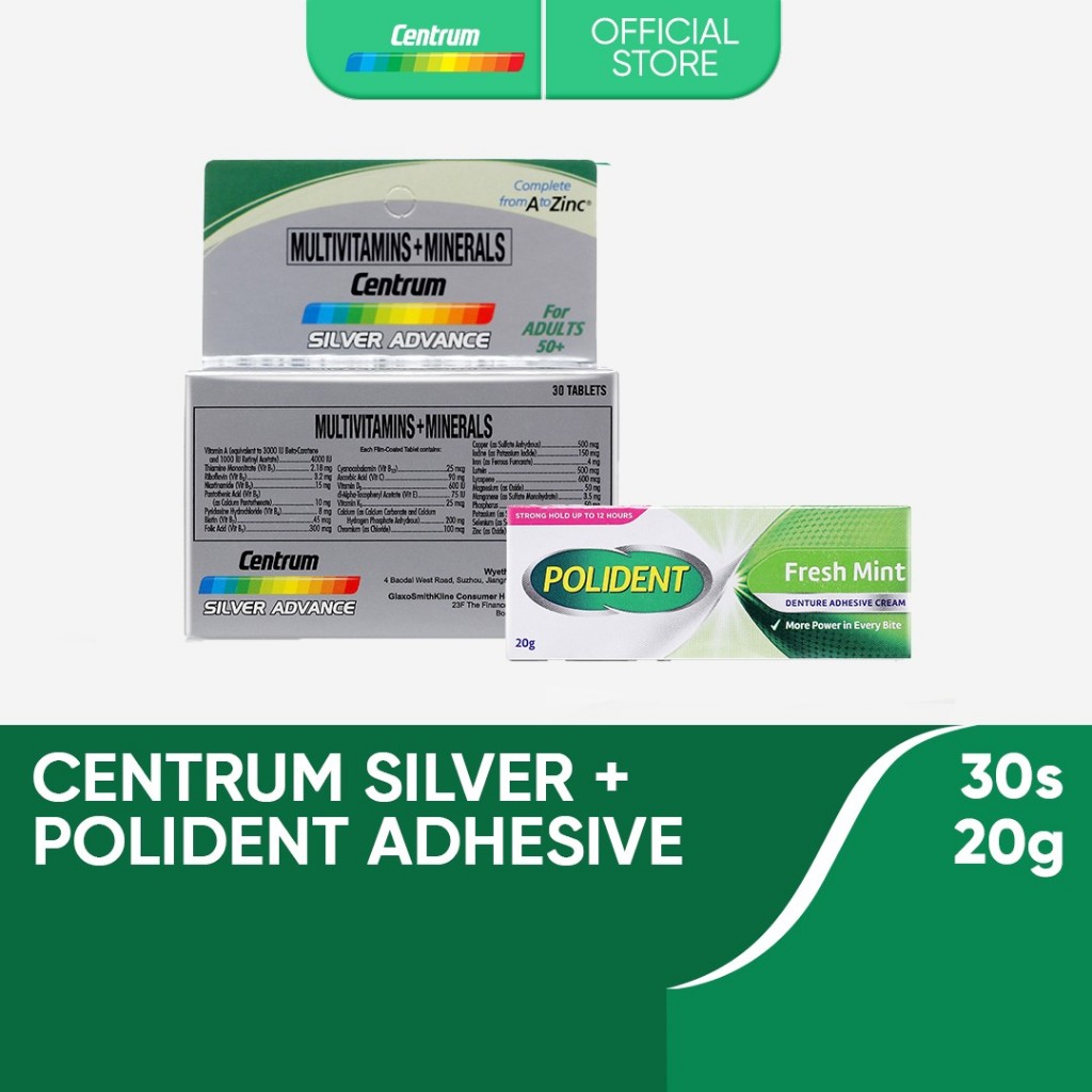 Centrum Silver Advance 30s + Polident Fresh Mint Denture Adhesive 20g ...