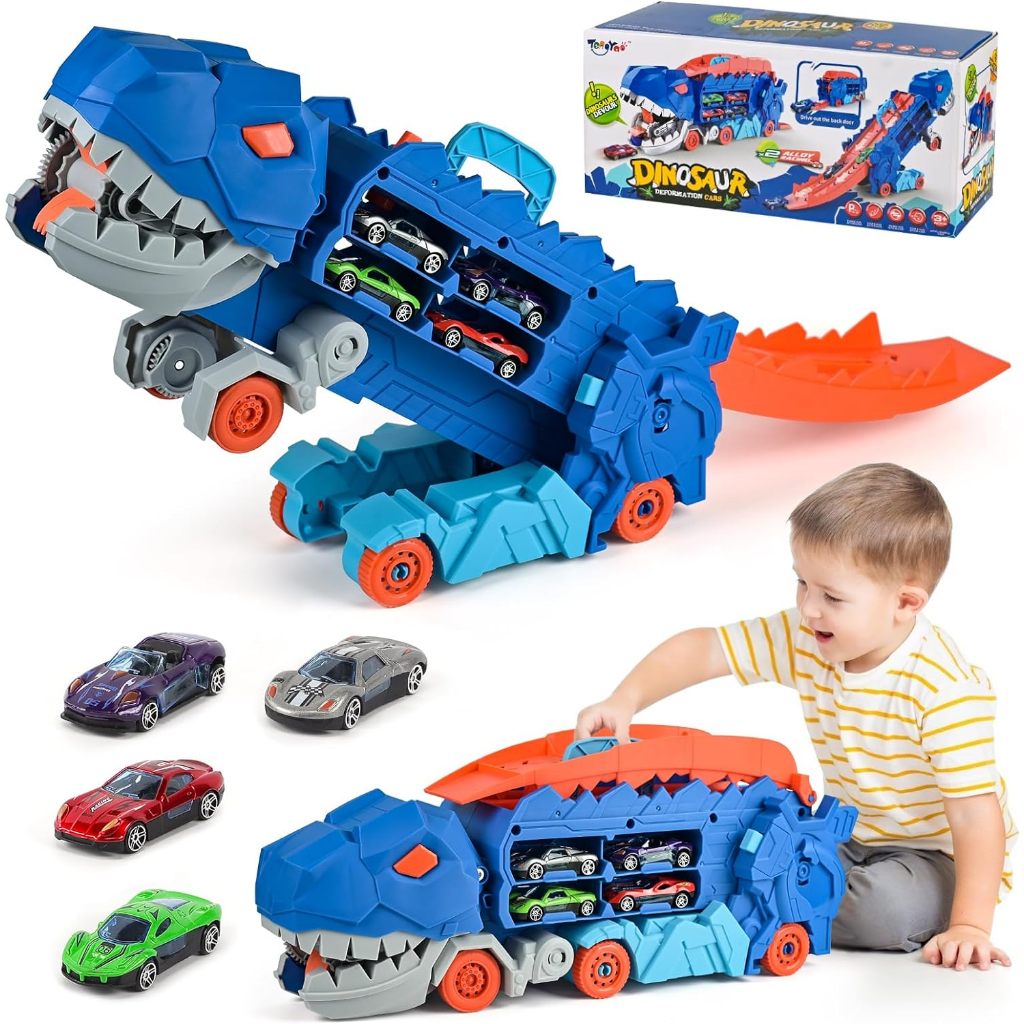 Kids Transformed Dinosaur Truck with Sliding Race Track Transforms into ...
