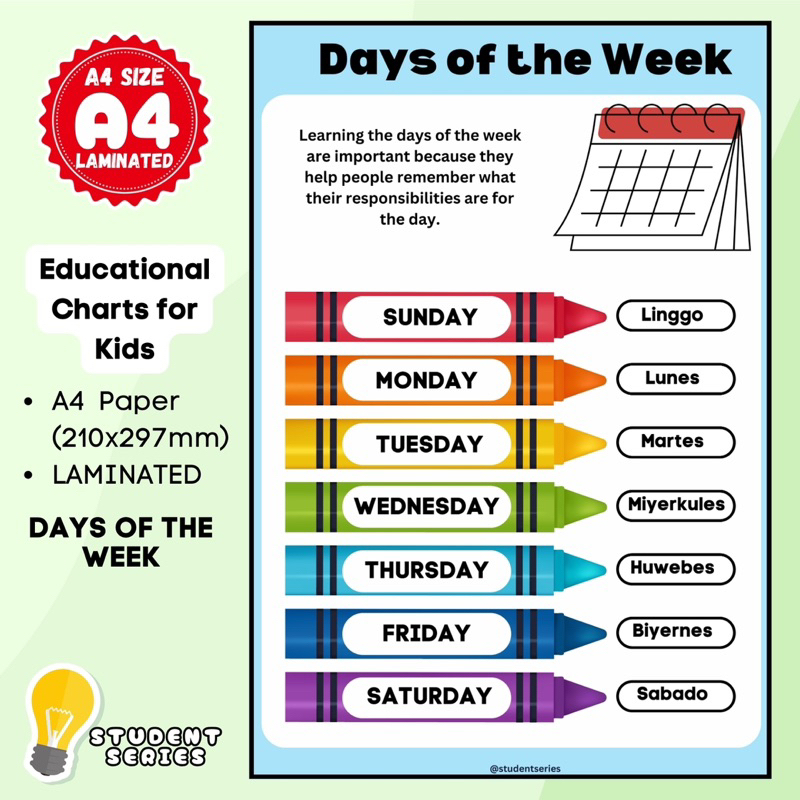 A4 GLOSSY LAMINATED Days of the Week Chart for Kids | Shopee Philippines