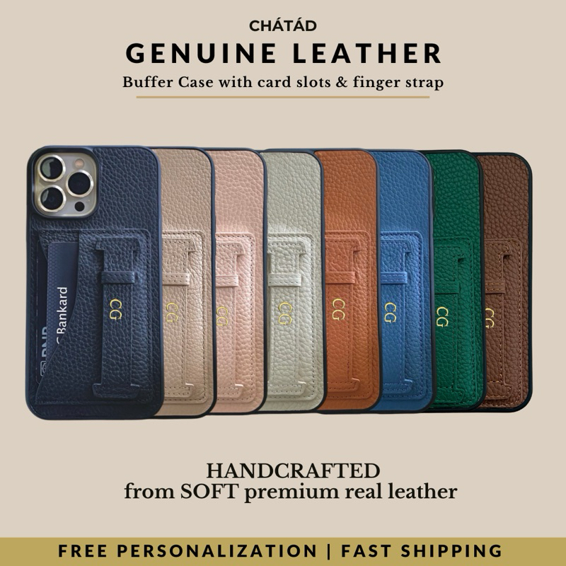 Buffer w/ Card holder & finger strap Personalized Leather Phone Case 15 ...