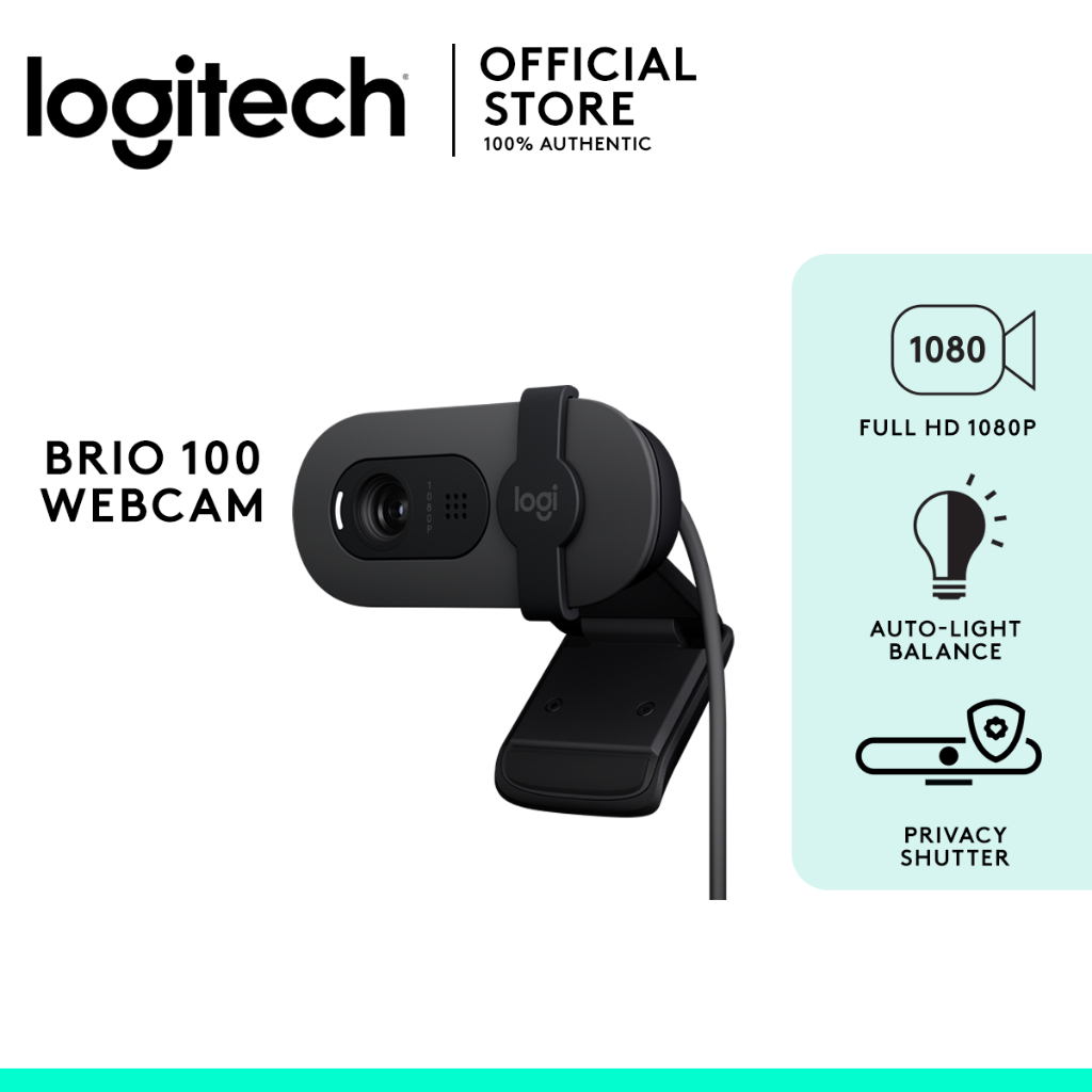 Logitech Brio 100 Full HD 1080p Built-in Mic with Auto-light Balance Webcam  Authentic PC Laptop Mac
