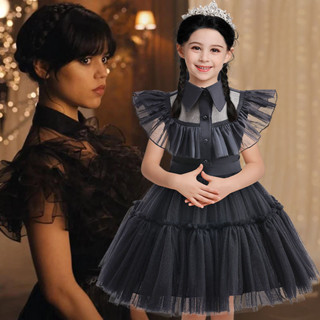 Wednesday Addams Cosplay Dress Women Girls Costumes Black Gothic Halloween  Party