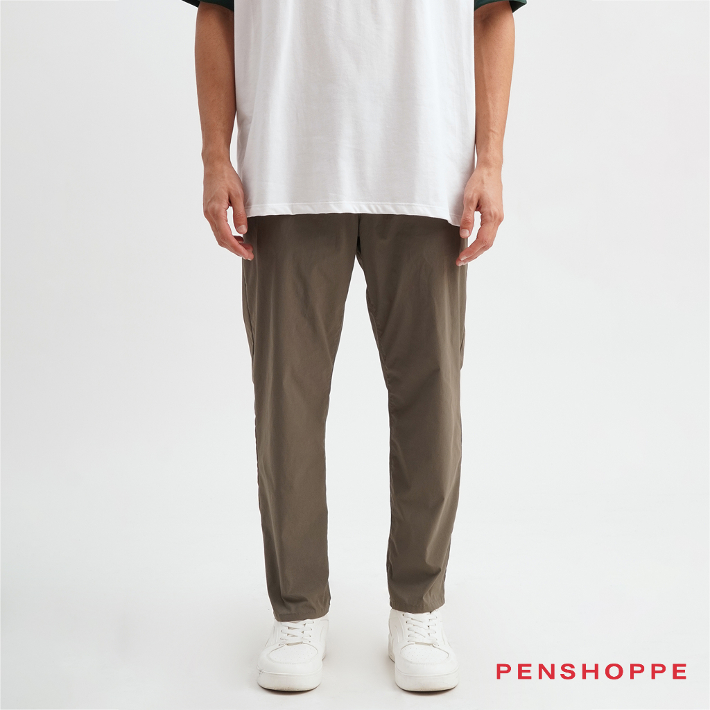 Penshoppe Slim Fit Ankle Length Nylon Stretch Trousers For Men (Olive ...