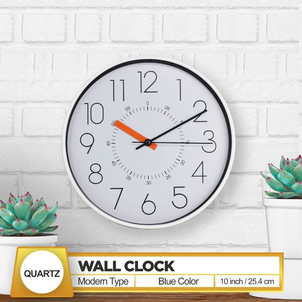 Quartz Wall Clock Orange Hour Hand 25.4cm Or 10" White Background/White