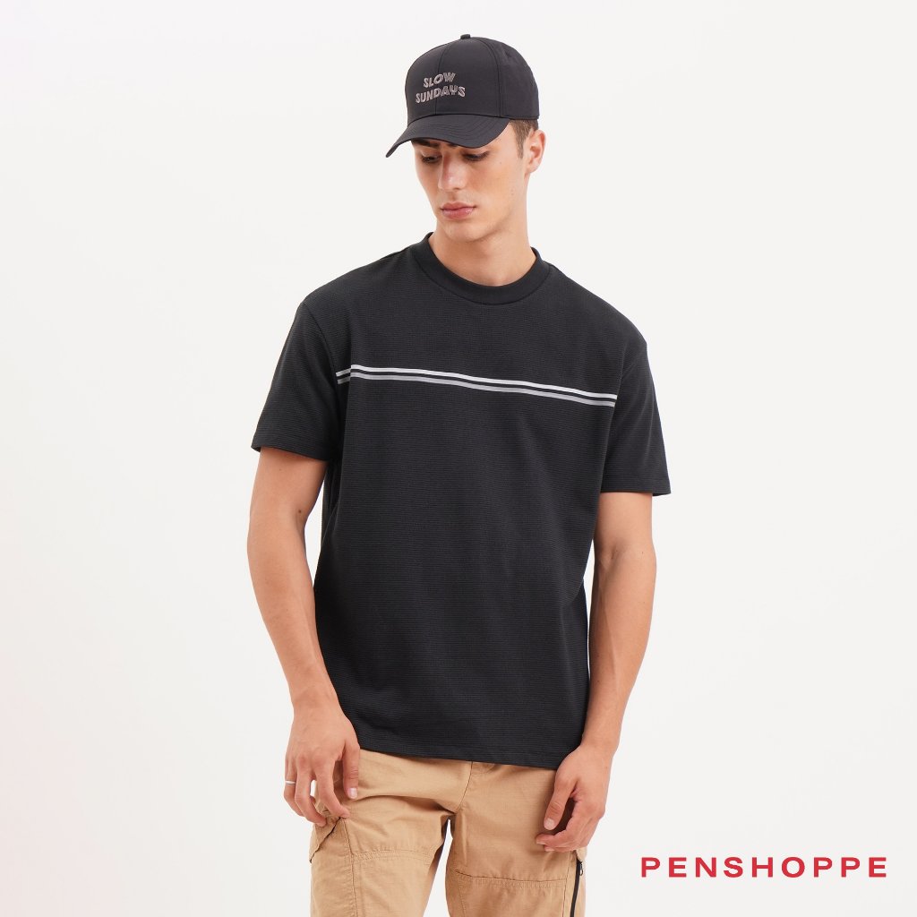 Penshoppe Relaxed Fit T-Shirt With Stripe Detail For Men (Black ...