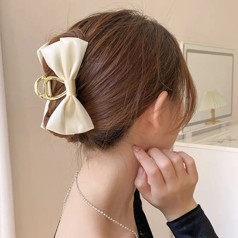Korean Bow Ribbon Hair Claw Elegant Beige Hair Clip Claw Clamp for Girls Shark Clip Headwear