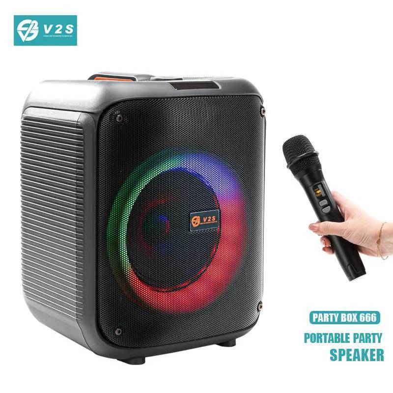 V2S Party Box 666 TWS Portable Wireless Rechargeable Bluetooth Speaker With  1pc Wireless Microphone