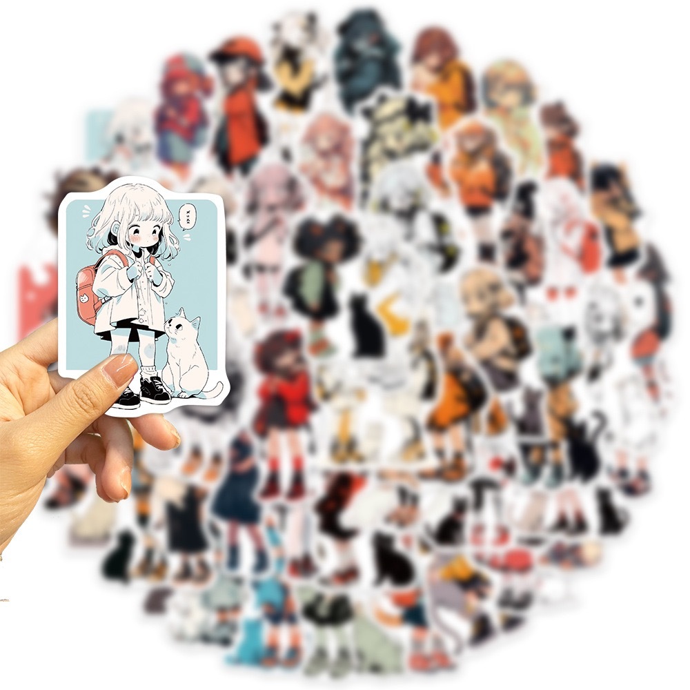 50PCS cartoon cute girl and cat Waterproof Graffiti Stickers phone ...