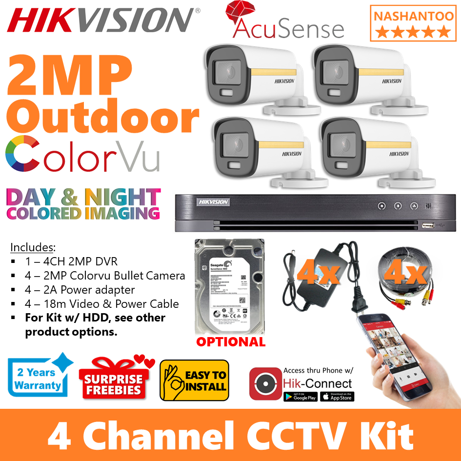 HikVision 4CH 2MP 4Cameras ColorVu Outdoor 4CH DIY CCTV Kit Complete ...