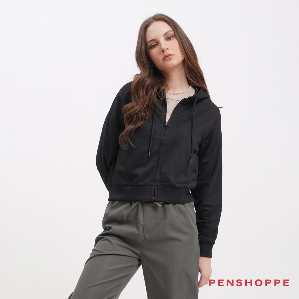 Penshoppe Cropped Relaxed Fit Zip Hoodie For Women (Black/Blush/Brown ...