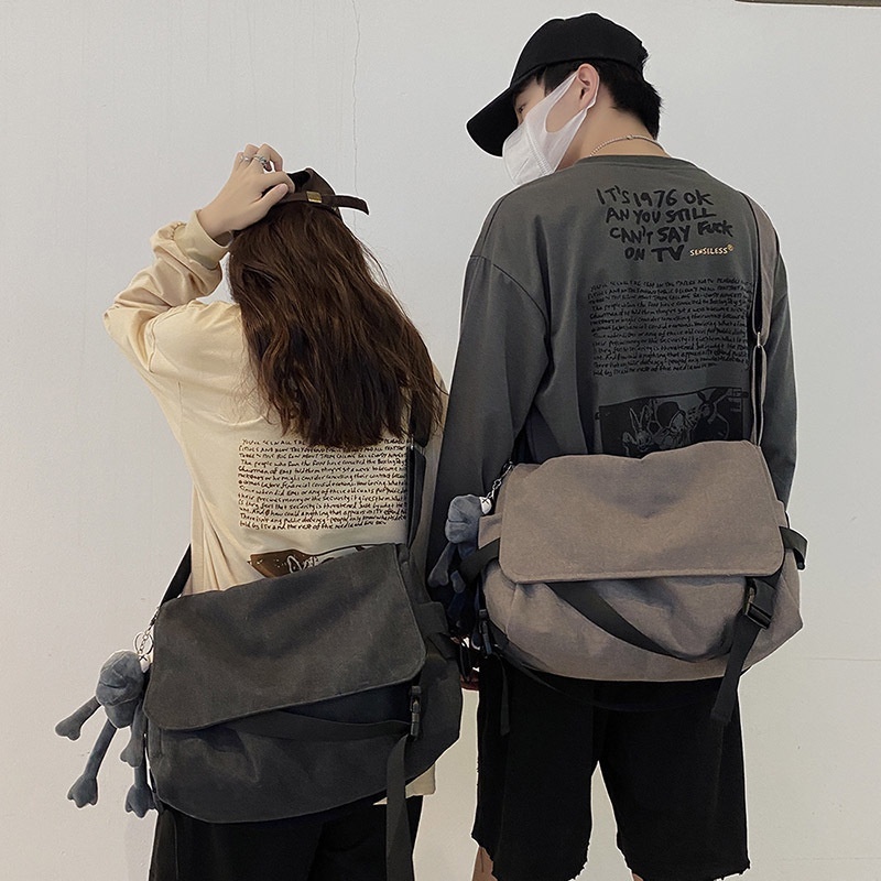 Korean Fashion Canvas Bag 14 Inch Large Capacity Unisex Crossbody Bag Shoulder Bag Messenger 2379