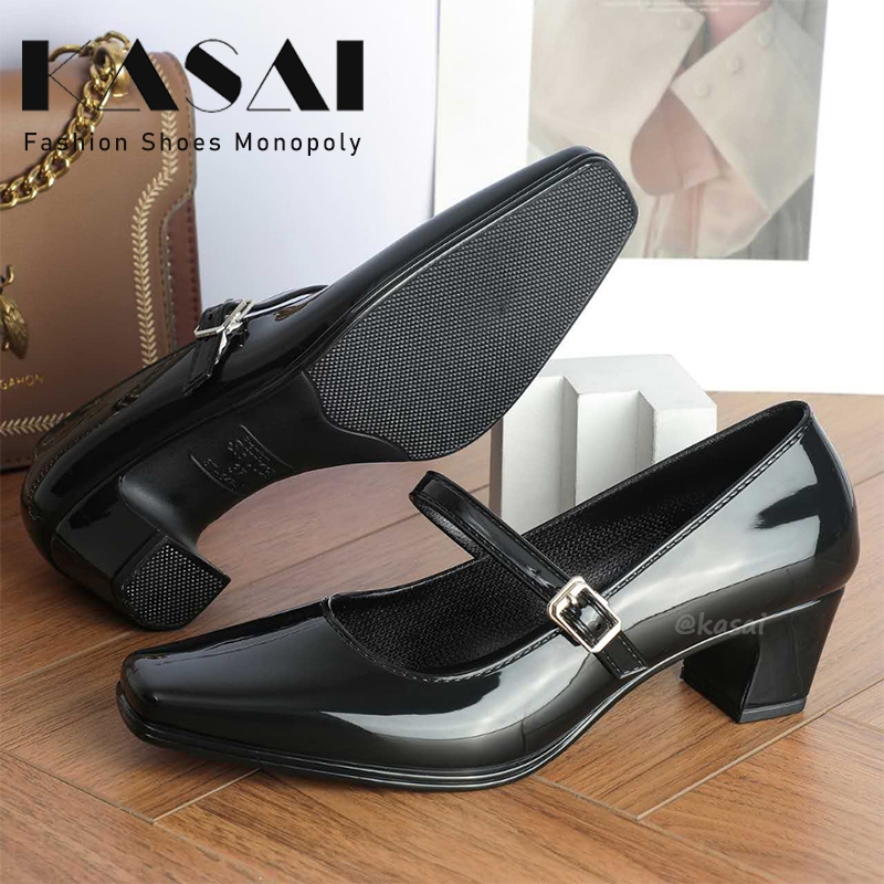 Shuta New Fashion Women Square Head Strap High Heel Black School Office Work Mary Jane Shoes 9080